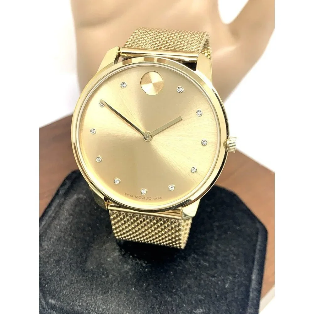 Movado Men's Watch 3600903 Diamond Gold Dial Swiss Quartz Mesh Steel Band 42mm